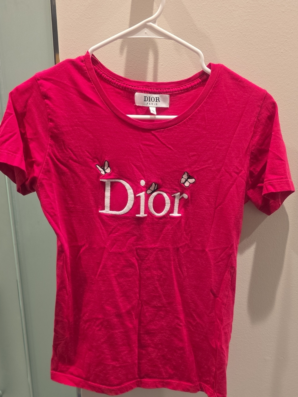 Dior Bright Pink Logo Tee with Butterfly Embroidery